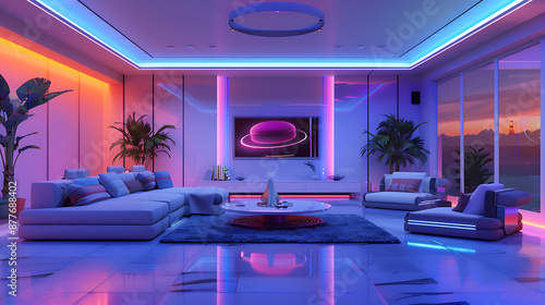 Modern living room with blue and pink neon lights, perfect for a futuristic and stylish interior design. 
