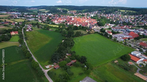 Aerial panorama view around the old town of Heideck on an overcast summer day in Germany. photo