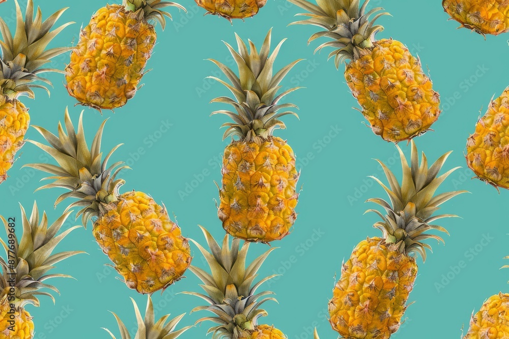 A seamless and vibrant pattern of pineapples on a bright turquoise background, perfect for adding a tropical touch to any design A seamless and vibrant pattern of pineapples on a bright turquoise background, perfect for adding a tropical touch to any design