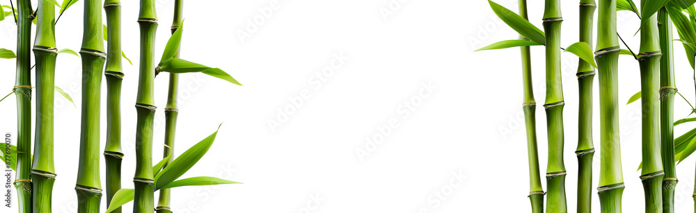 Isolated bamboo background. Framing banner with place for text. Floral border with copy space. Natural decoration print template, tropical forest. Isolated cutout on transparent or white background. Isolated bamboo background. Framing banner with place for text. Floral border with copy space. Natural decoration print template, tropical forest. Isolated cutout on transparent or white background.