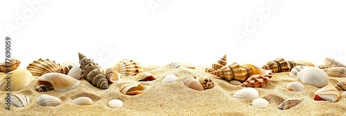 Isolated beautiful sea shells on beach sand, space for text. Summer vacation border background. Isolated cutout on transparent or white background.
