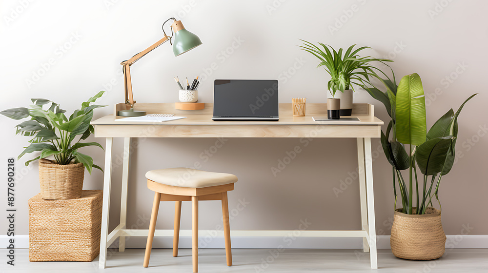 Fototapeta premium Minimalist home office with green plants and a laptop, perfect for modern interior design and work-from-home inspiration. 