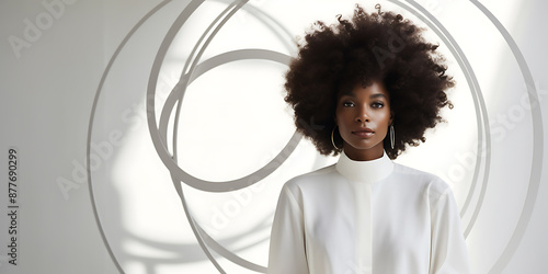 A confident woman with dark skin and afro hair, wearing a white shirt, stands against a white background with abstract circles, conveying a modern and minimalist style. 

