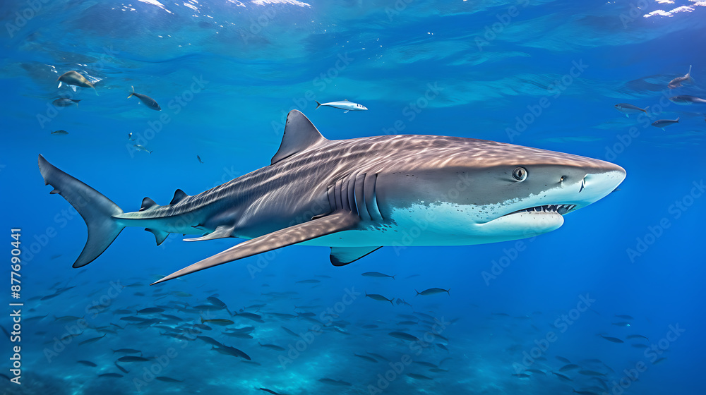 Fototapeta premium A tiger shark, grey and white, swims through a school of fish in the blue ocean, capturing the beauty and danger of the underwater world.