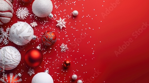 Winter holiday concept with white ornaments on red background copy space provided photo