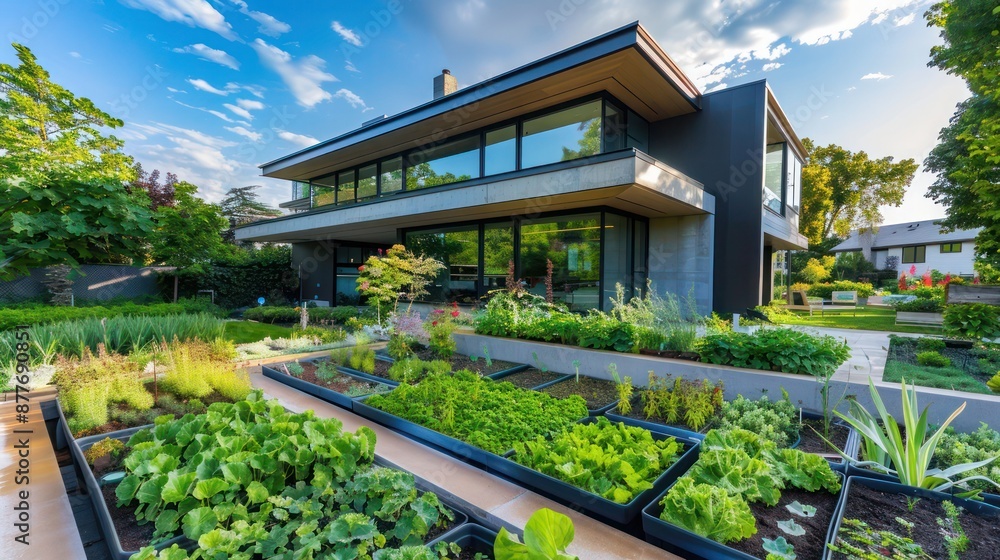 Contemporary suburban home with an automated garden system that includes self-watering planters and nutrient monitoring Contemporary suburban home with an automated garden system that includes self-watering planters and nutrient monitoring