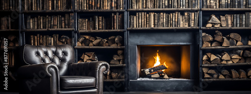 A cozy brown leather armchair sits beside a roaring fireplace in a rustic library, perfect for a relaxing evening. 
