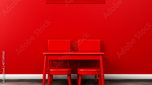 Red chairs and table against a red wall, minimalist design, perfect for modern home decor. 
