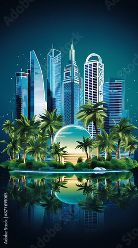 Blue skyscrapers and green palm trees on a tropical island, a futuristic city oasis. 
