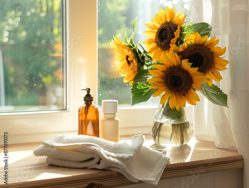 Sunflowers in a vase, towels, and bottles on a windowsill, yellow and white, a bright and cheerful summer spa scene. 
