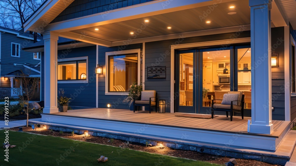 Contemporary suburban home with a front porch featuring smart lighting and heating to create a welcoming space regardless of the season Contemporary suburban home with a front porch featuring smart lighting and heating to create a welcoming space regardless of the season