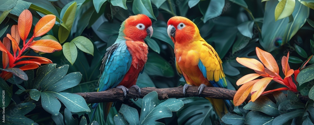 Fototapeta premium Cartoon style colorful birds in a lavish habitat, using hygiene products, high angle shot, cheerful and lively background