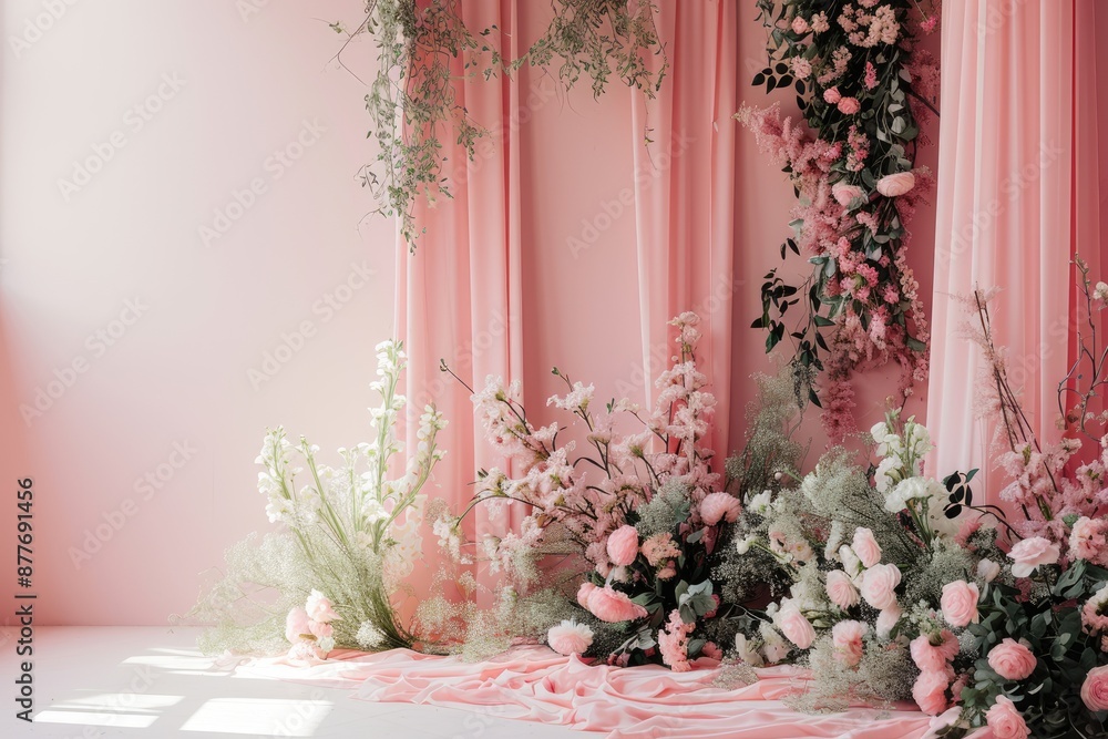 Pink Floral Backdrop Decorated With Draped Fabric for Event Pink Floral Backdrop Decorated With Draped Fabric for Event