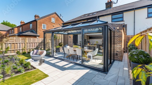 Contemporary suburban home with a glass-enclosed conservatory that serves as a dining room and connects to the garden