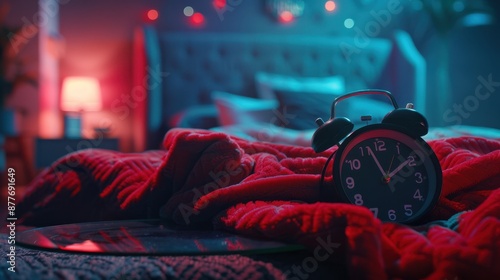 Alarm clock on red blanket photo