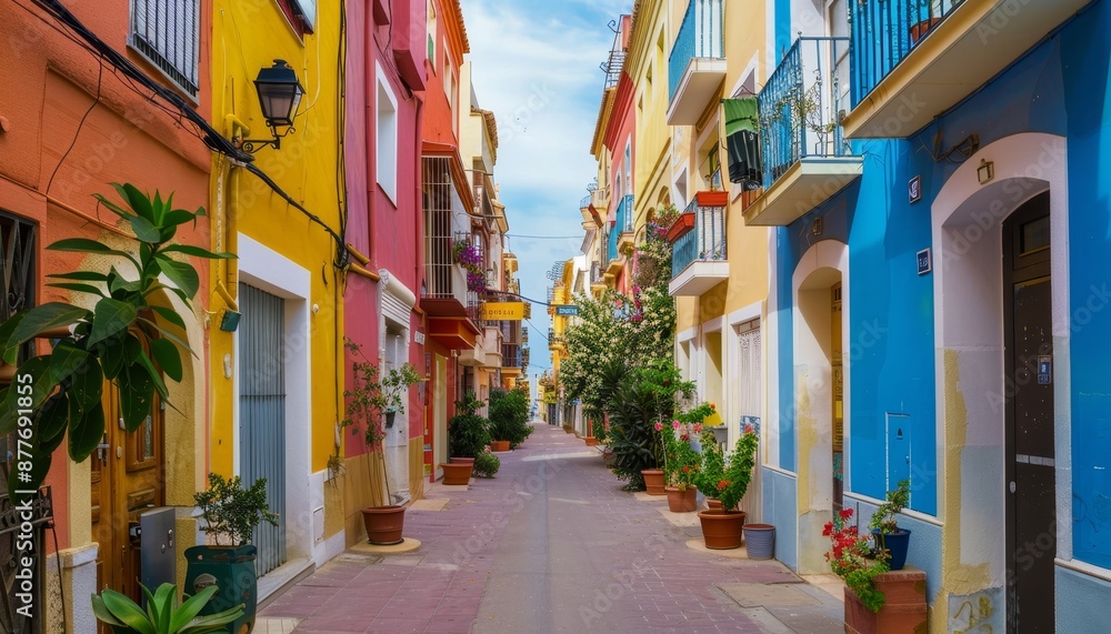 Fototapeta premium Colorful villajoyosa street charming coastal town in valencian community, spain