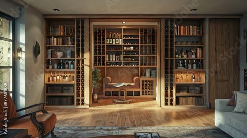 Contemporary suburban home with a hidden room behind a movable bookcase, featuring a cozy reading nook and a wine storage area