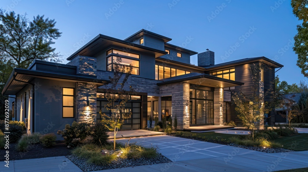 Contemporary suburban home with dynamic exterior lighting that can be customized for events or seasons Contemporary suburban home with dynamic exterior lighting that can be customized for events or seasons