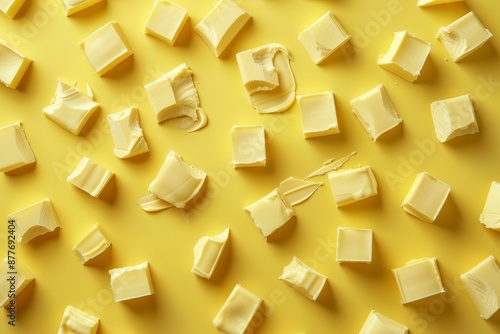 White chocolate pieces are lying on a bright yellow background, creating a cheerful and tempting pattern