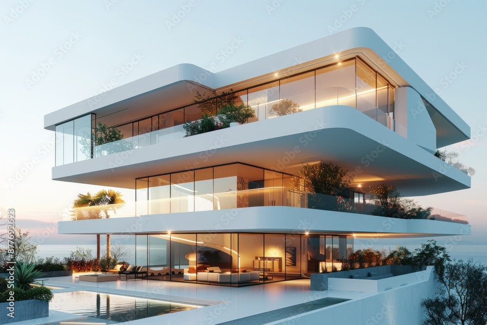 Fototapeta premium Contemporary architectural masterpiece featuring minimalist elements, flowing curves, and a serene ambiance, designed for an exclusive beachfront villa or boutique resort