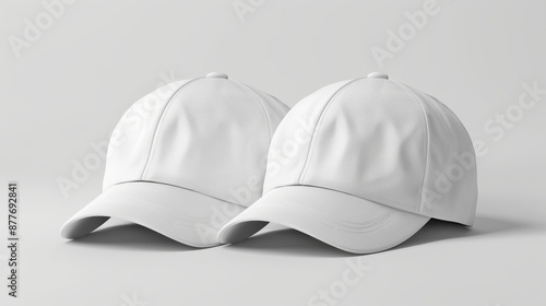 Two white Baseball caps om white background, mockup.