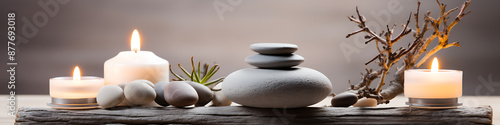 White and grey stones, candles, and a branch on driftwood create a serene and calming spa-like atmosphere. 
 photo