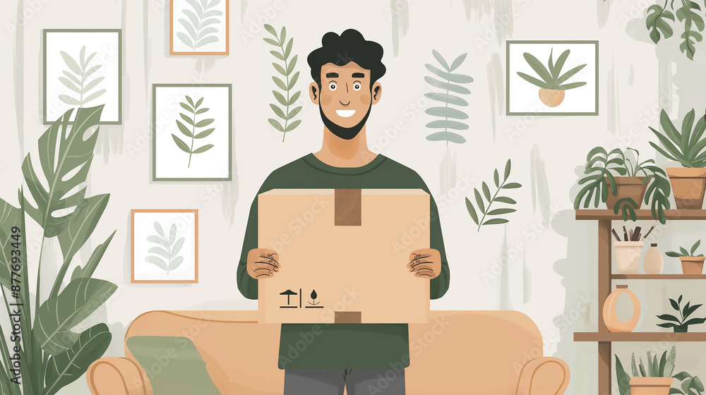 Delivery man holding parcel smiling at home with plants Delivery man holding parcel smiling at home with plants