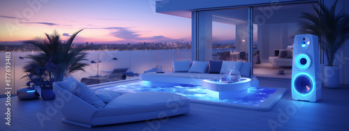 Luxury penthouse rooftop with a glowing pool, white furniture, and a blue speaker, perfect for a summer evening party. 
