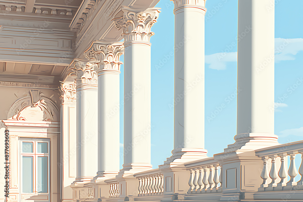 Fototapeta premium White columns, blue sky, and soft light create a classic, elegant, and serene atmosphere for your design projects. 
