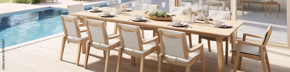 Modern wooden dining set, light wood, white, blue, poolside, summer, luxury outdoor dining. Modern wooden dining set, light wood, white, blue, poolside, summer, luxury outdoor dining.