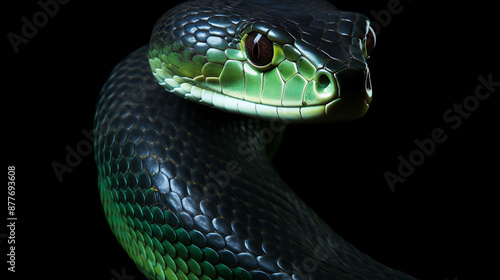 Green and black snake with red eyes,  a close-up shot,  a  dramatic and  mysterious  image,  perfect for  wildlife and  nature  projects.  photo