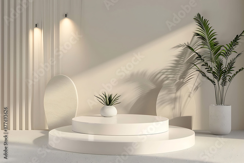 Minimalist product display with white podiums and green plants, perfect for showcasing beauty or lifestyle products. 