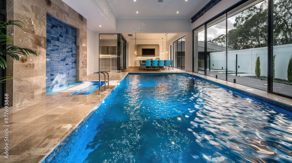 Obraz premium Contemporary suburban home with a seamless indoor-outdoor pool design, allowing the pool to extend from the inside out