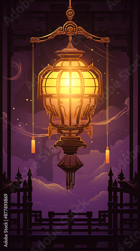 A glowing golden lantern hangs in a purple sky, evoking a mystical and serene atmosphere, perfect for a fantasy or spiritual theme. 