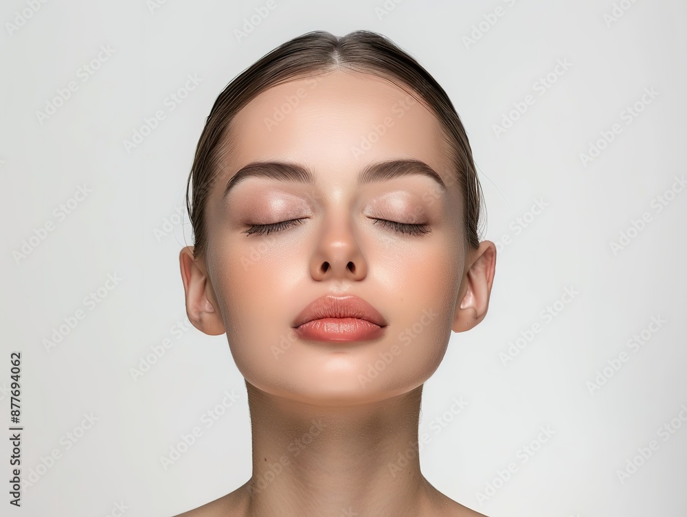 Portrait of a Beautiful Woman with Closed Eyes and Clean Skin Isolated on a White Background, Exemplifying Natural Beauty and Skincare. Ideal for Concepts of Wellness, Purity, and Simplicity. Portrait of a Beautiful Woman with Closed Eyes and Clean Skin Isolated on a White Background, Exemplifying Natural Beauty and Skincare. Ideal for Concepts of Wellness, Purity, and Simplicity.