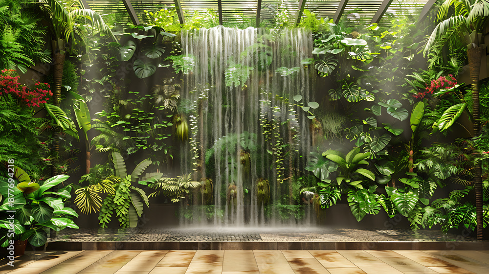 lush green tropical plants and a waterfall, creating a serene and relaxing atmosphere.
lush green tropical plants and a waterfall, creating a serene and relaxing atmosphere.