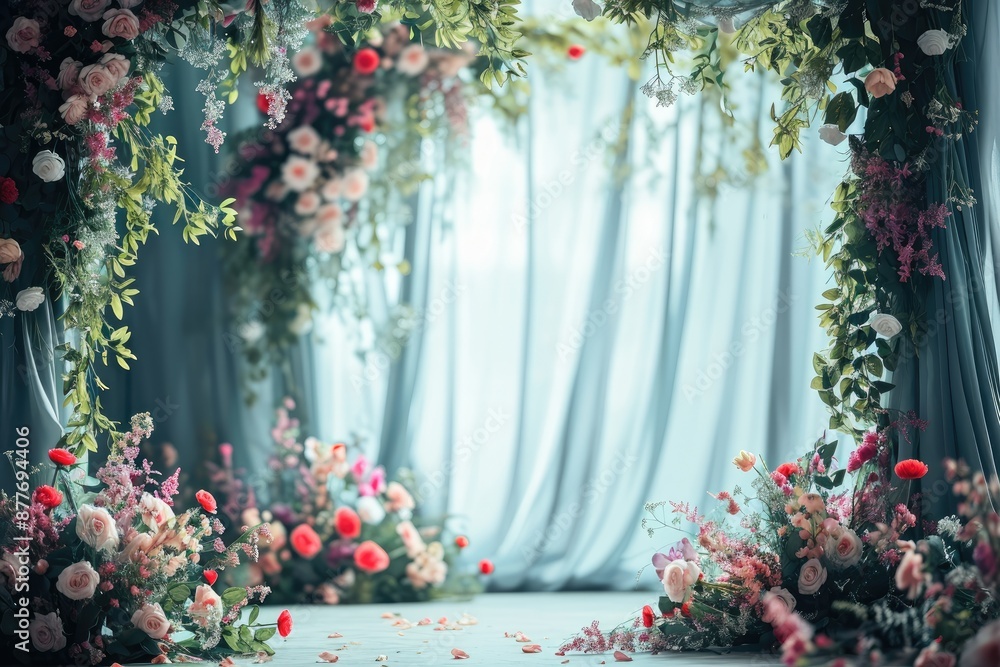 Fototapeta premium Floral Wedding Arch With Blue Curtains and Pink Flowers