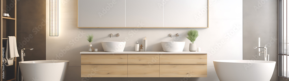 Modern bathroom interior design with white tubs and wooden cabinets, showcasing minimalist style and relaxation.
Modern bathroom interior design with white tubs and wooden cabinets, showcasing minimalist style and relaxation.