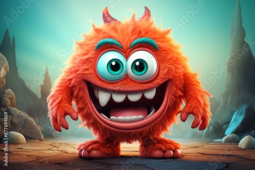 Cute colorful 3D monster character in kids cartoon styl