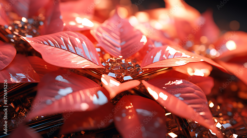 Naklejka premium Red and gold Christmas poinsettia leaves with a festive and celebratory mood for holiday designs. 