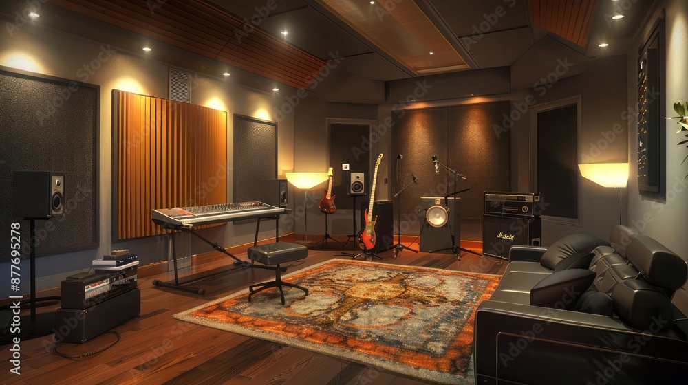 Fototapeta premium Contemporary suburban home with a soundproof music room that includes recording studio quality acoustics and ambient lighting