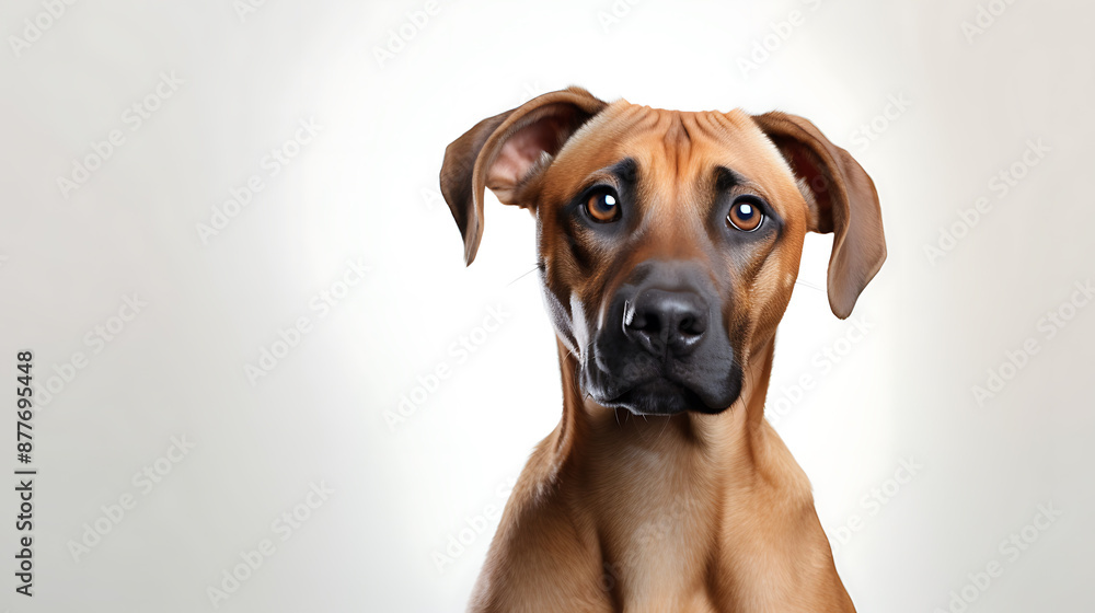 Obraz premium A brown dog with big eyes looking at the camera, brown, white, black colors, cute and innocent, perfect for pet adoption websites and social media posts. 