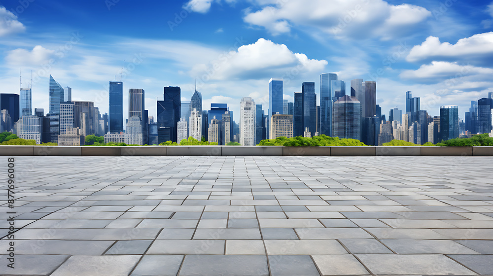 Empty urban cityscape with grey pavement and blue skyscrapers under a bright summer sky.
Empty urban cityscape with grey pavement and blue skyscrapers under a bright summer sky.