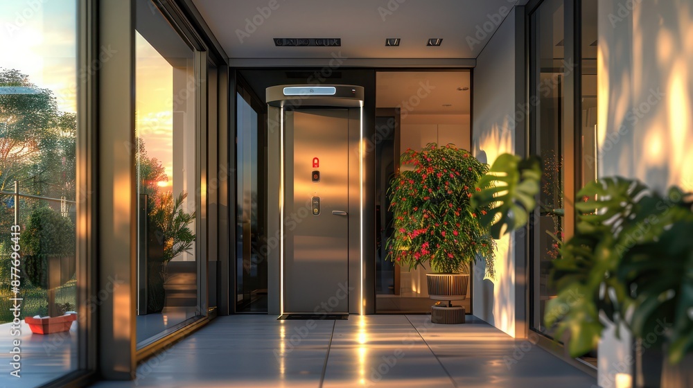 Contemporary suburban home with a biometric front door that includes personalized greeting features and security alerts Contemporary suburban home with a biometric front door that includes personalized greeting features and security alerts