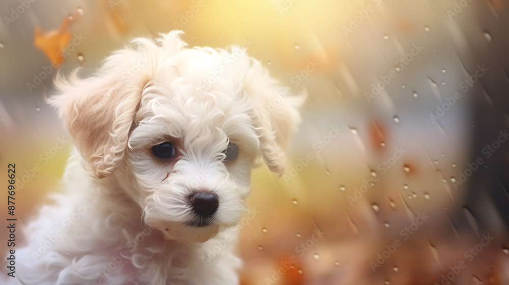A fluffy white puppy looking through a rain-streaked window with a soft yellow and brown background, perfect for autumn pet themes. A fluffy white puppy looking through a rain-streaked window with a soft yellow and brown background, perfect for autumn pet themes.