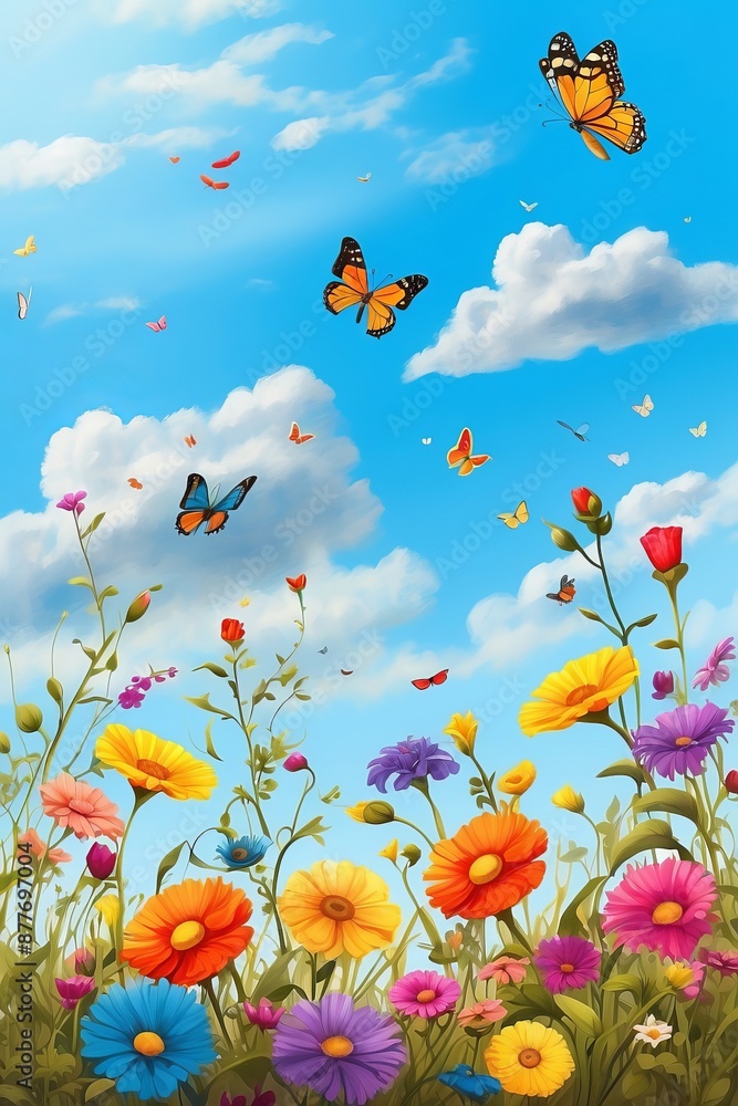 A cheerful landscape with colorful wildflowers against a blue sky on a sunny day, butterflies flying around. Joyful mood.
A cheerful landscape with colorful wildflowers against a blue sky on a sunny day, butterflies flying around. Joyful mood.