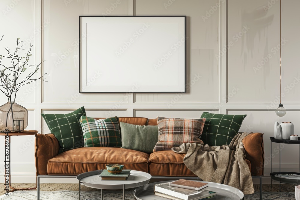 Stylish living room with mockup frame, sofa, books, green throw, coffee table, vase, decor Stylish living room with mockup frame, sofa, books, green throw, coffee table, vase, decor