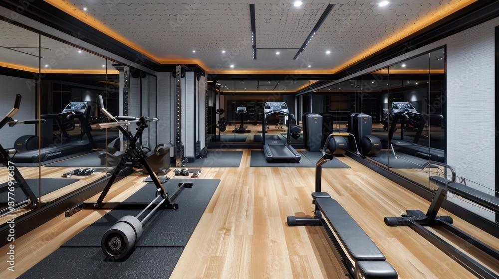 Contemporary suburban home gym with floor-to-ceiling mirrors, rubber flooring, and integrated sound system Contemporary suburban home gym with floor-to-ceiling mirrors, rubber flooring, and integrated sound system