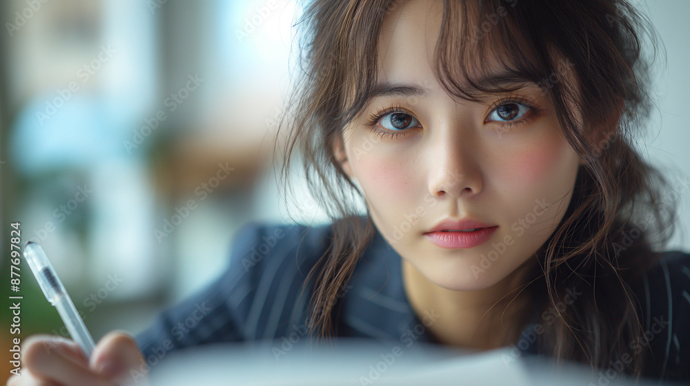 ボールペンで書類を書く女性 ボールペンで書類を書く女性