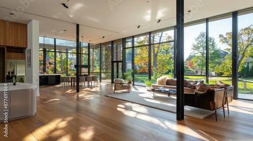 Contemporary suburban home with floor-to-ceiling, polarized windows that automatically tint based on sunlight intensity